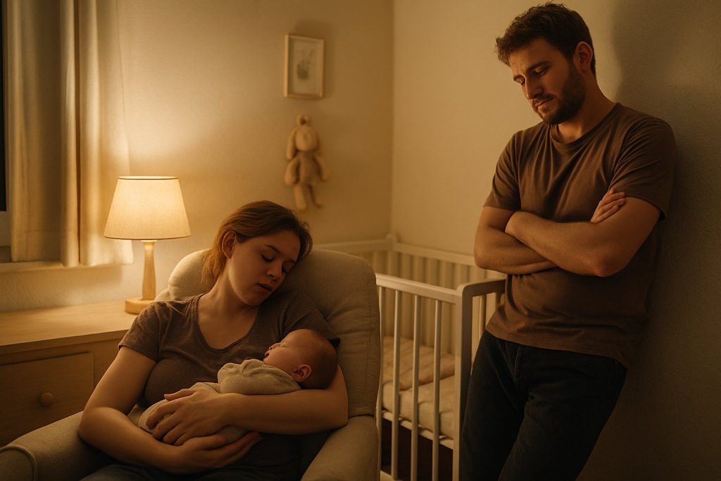 Elternteil beruhigt weinendes Baby in der Nacht