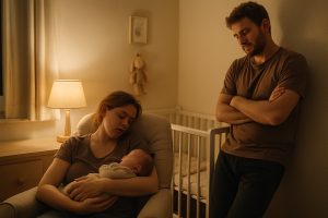 Elternteil beruhigt weinendes Baby in der Nacht