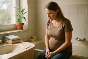 Frau mit Schwangerschaftstest in der Hand
