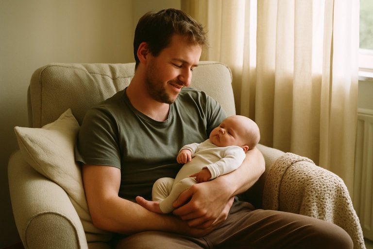 Vater hält sein Neugeborenes im Arm