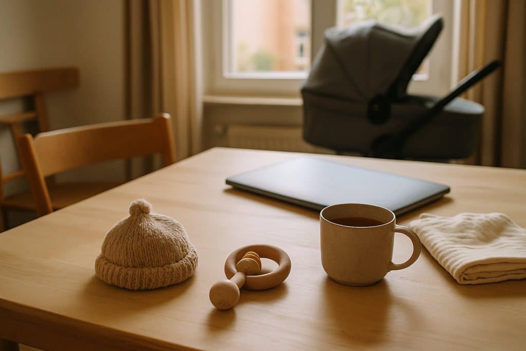 Babymütze, Holzrassel und Teetasse auf einem Küchentisch im Morgenlicht