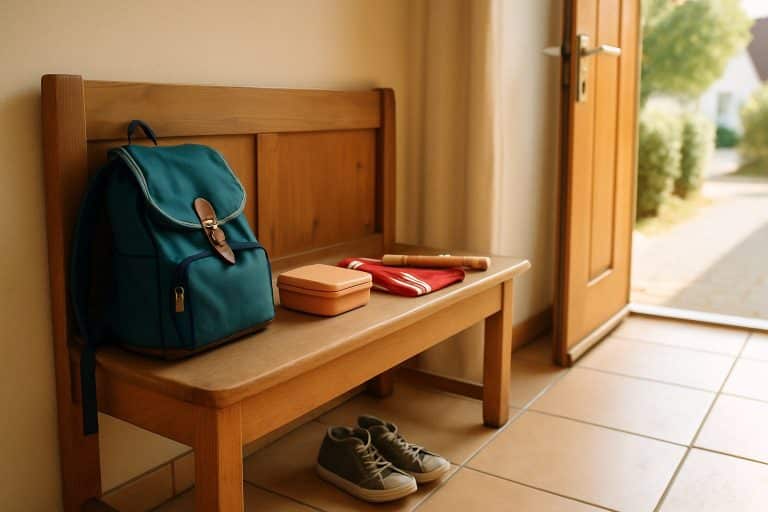 Schulranzen, Brotdose, Trikot und Blockflöte auf einer Bank im Flur