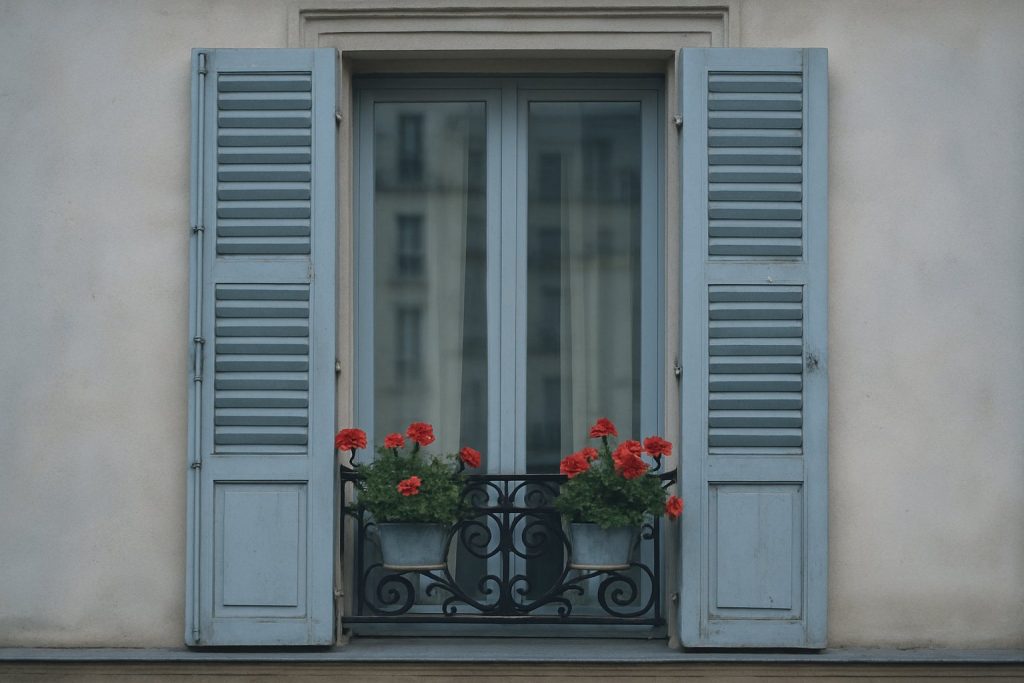 Pariser Fenster mit schmiedeeisernem Balkon und roten Geranien