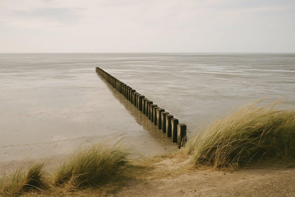 Wattenmeer an der Nordsee bei Ebbe mit Buhne und Dünengras