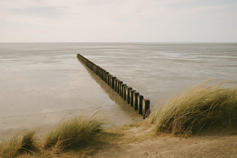 Wattenmeer an der Nordsee bei Ebbe mit Buhne und Dünengras