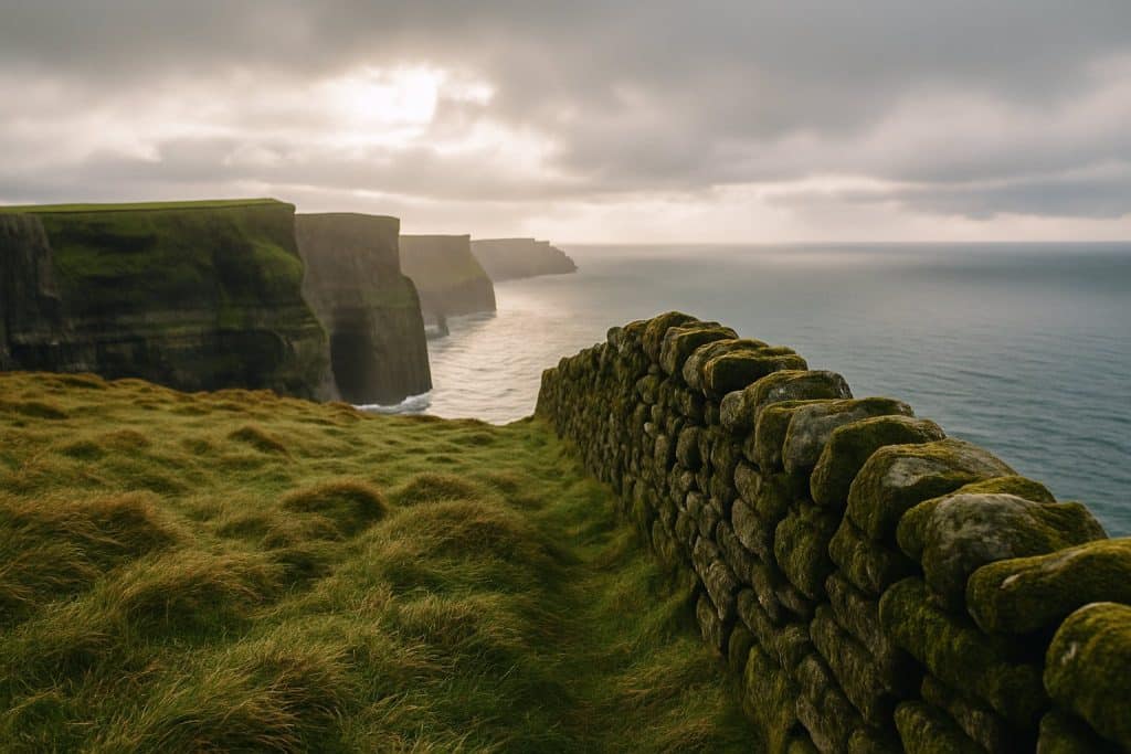 Grüne Steilküste in Irland mit bemooster Trockenmauer über dem Atlantik
