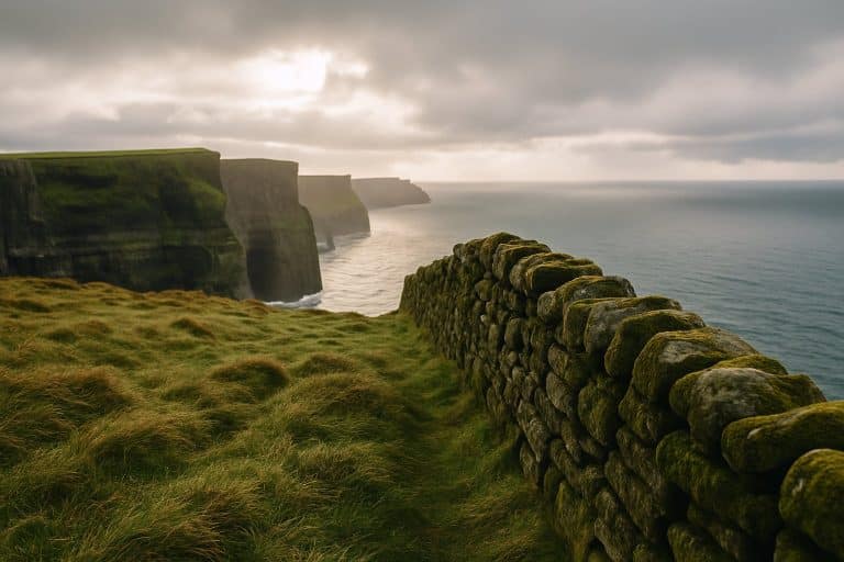 Grüne Steilküste in Irland mit bemooster Trockenmauer über dem Atlantik