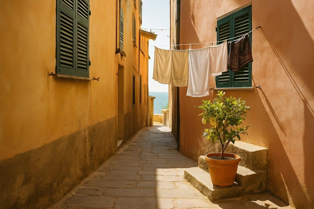 Enge Gasse in einem italienischen Küstenort mit Fensterläden und Zitronenbaum