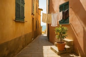 Enge Gasse in einem italienischen Küstenort mit Fensterläden und Zitronenbaum