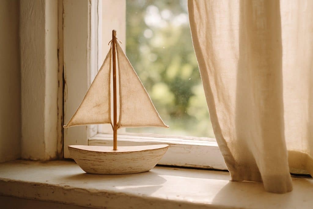 Kleines Holzsegelboot auf einer sonnigen Fensterbank