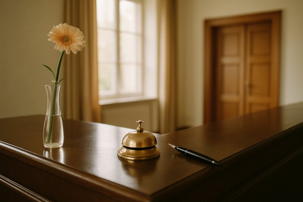 Ruhiger Standesamt-Schalter mit Messingglocke, Füllfederhalter und Blume