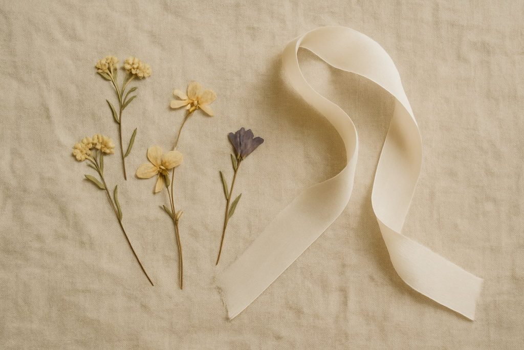 Gepresste Wiesenblumen und ein Seidenband auf Leinen