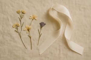 Gepresste Wiesenblumen und ein Seidenband auf Leinen