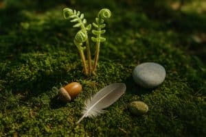 Waldboden mit Farn, Eichel, Feder und Kieselstein im Streiflicht