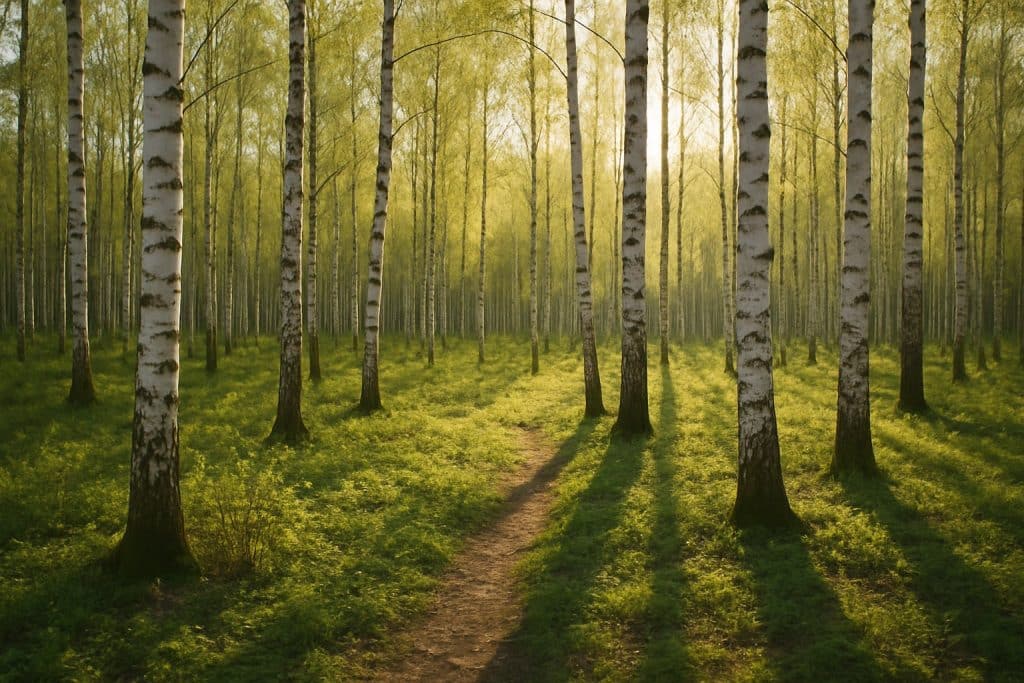 Heller Birkenwald im Frühling mit tief stehendem Sonnenlicht