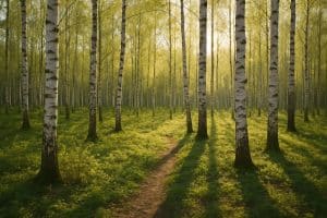 Heller Birkenwald im Frühling mit tief stehendem Sonnenlicht