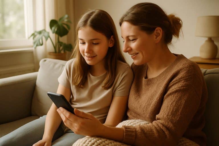 Mutter und Tochter schauen gemeinsam auf ein Smartphone auf dem Sofa