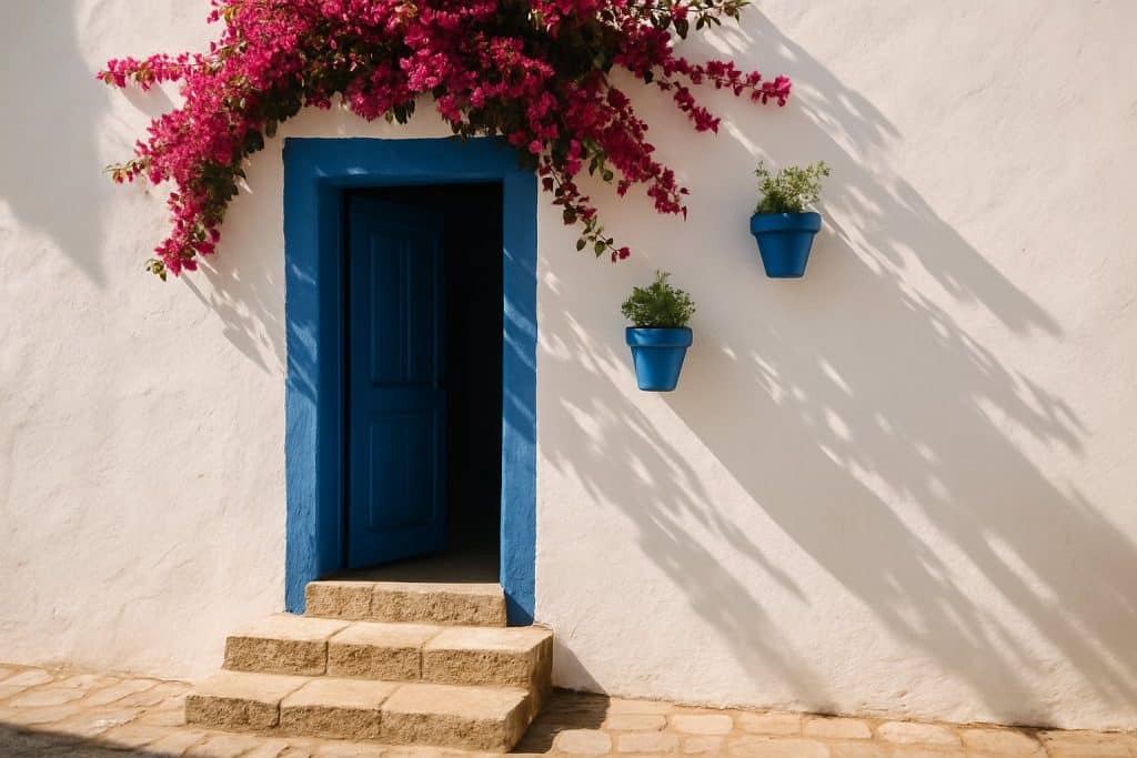 Weiß gekalkte andalusische Hauswand mit blauen Blumentöpfen und Bougainvillea
