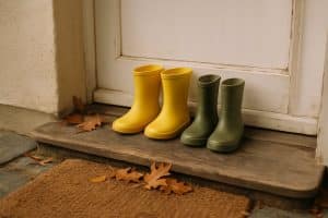 Zwei Paar kleine Gummistiefel nebeneinander auf einer Holzschwelle