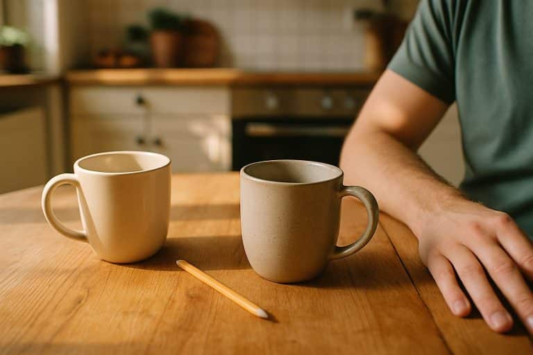Zwei Kaffeetassen und ein Bleistift auf einem Küchentisch im Morgenlicht