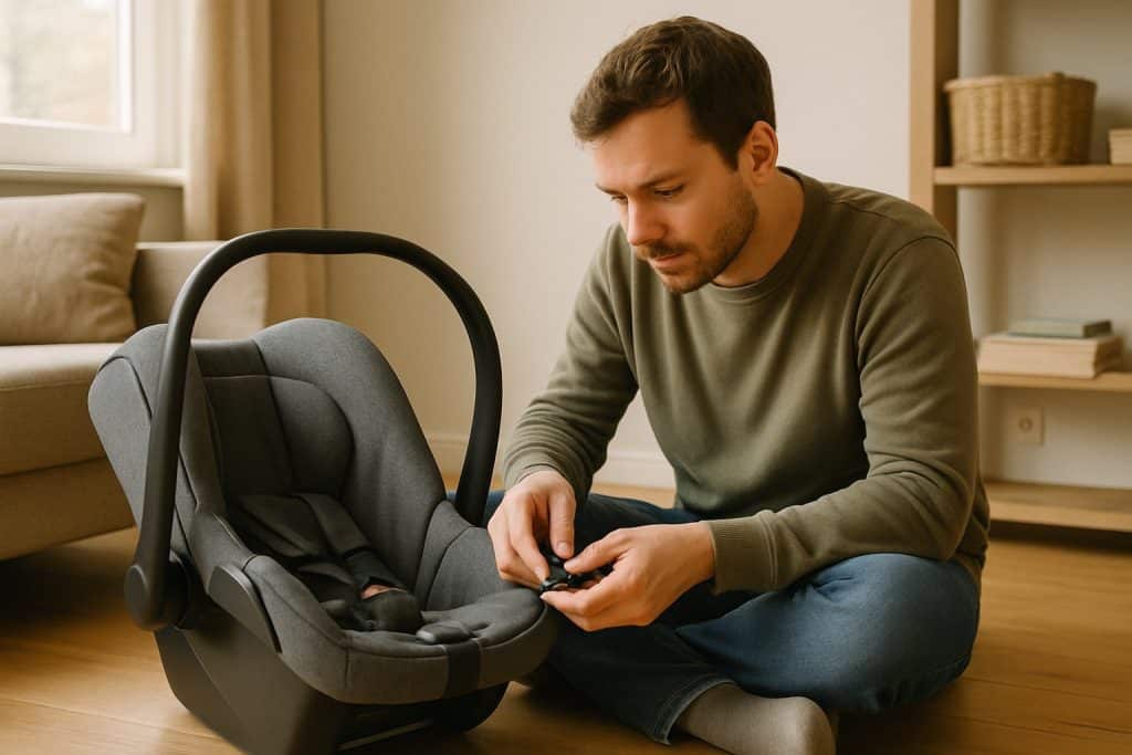 Vater prüft das Gurtschloss einer leeren Babyschale