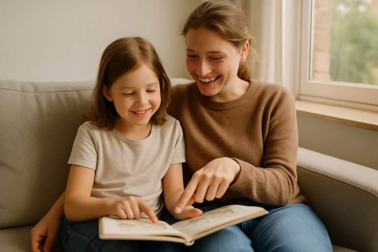 Mutter und Tochter schauen sich auf dem Sofa gemeinsam ein Bilderbuch an.