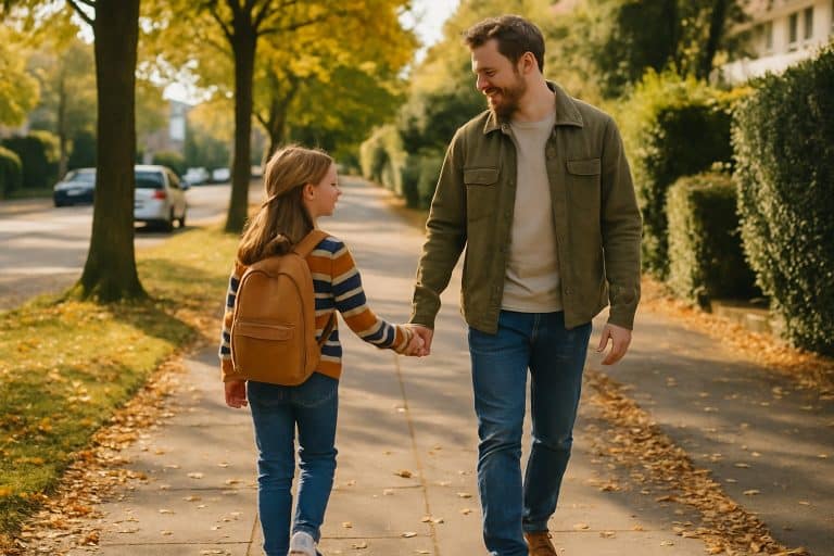 Vater und Tochter gehen an einem Herbsttag Hand in Hand eine Allee entlang